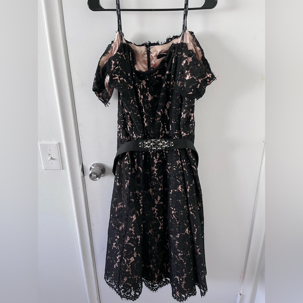 City Chic off shoulder lace detail midi dress with rhinestone belt